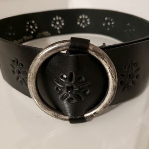 Part Two Leather Belt Floral Cut Out Design Distressed Pounded Metal Buckle W